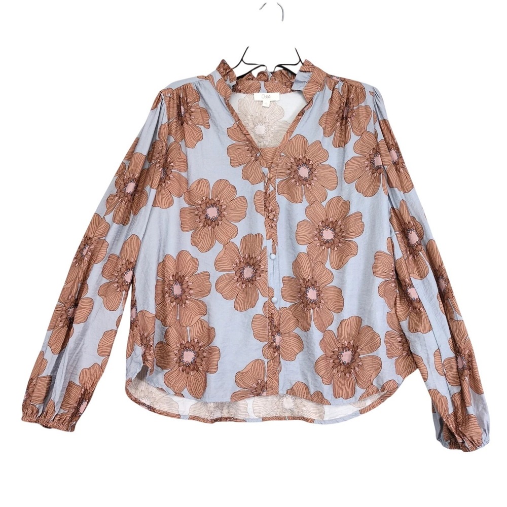 Oddi Floral Gray Blouse Womens L Ruffle Puff Sleeve Wrinkle Texture Boho Cottage